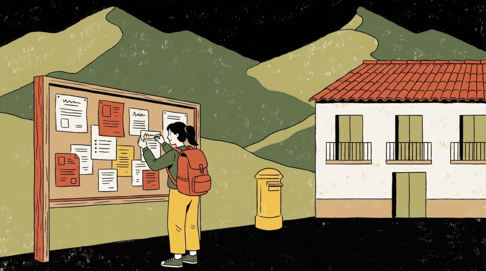 Ilustración: joven con mochila leyendo el tablón de anuncios de un pueblo, con un buzón de Correos y una casa al fondo
