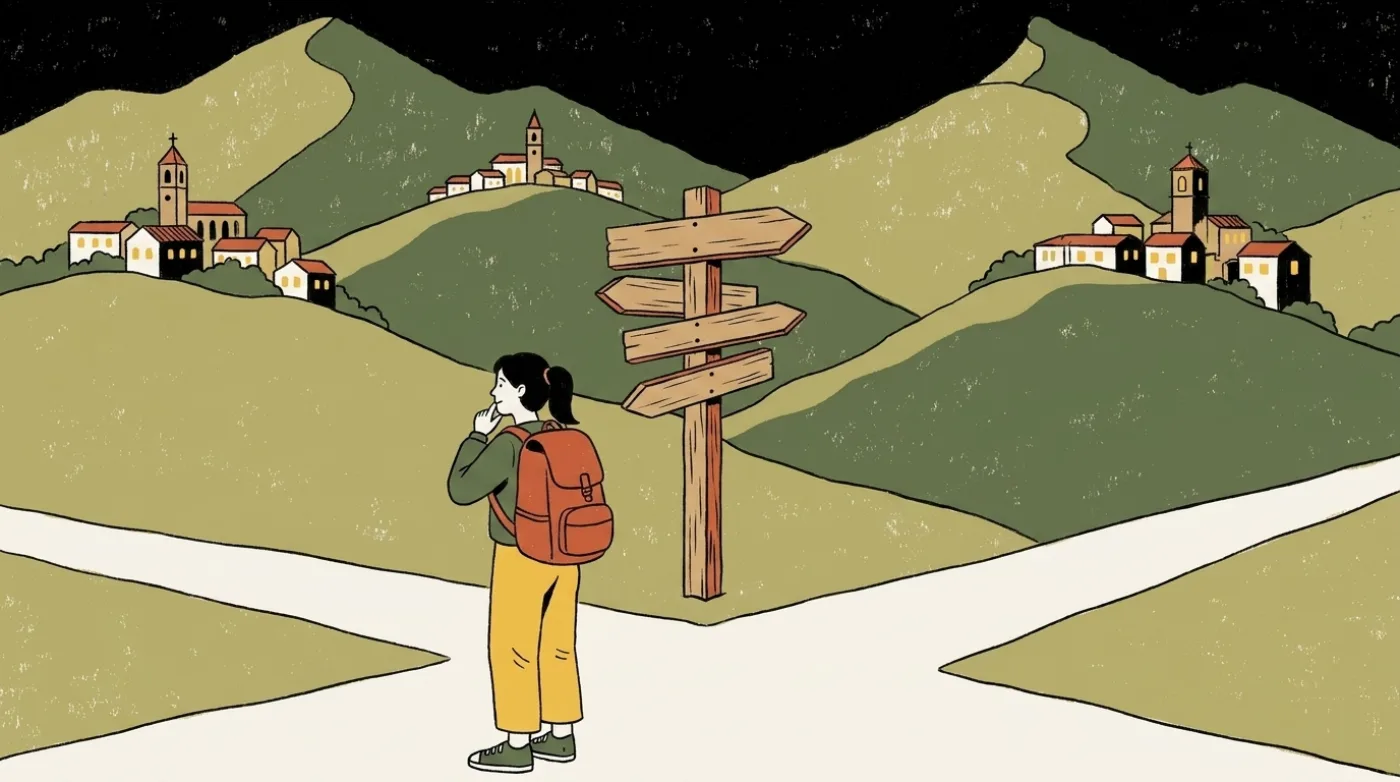 Ilustración: joven con mochila en un cruce de caminos ante un poste de señales, con tres pueblos en las colinas