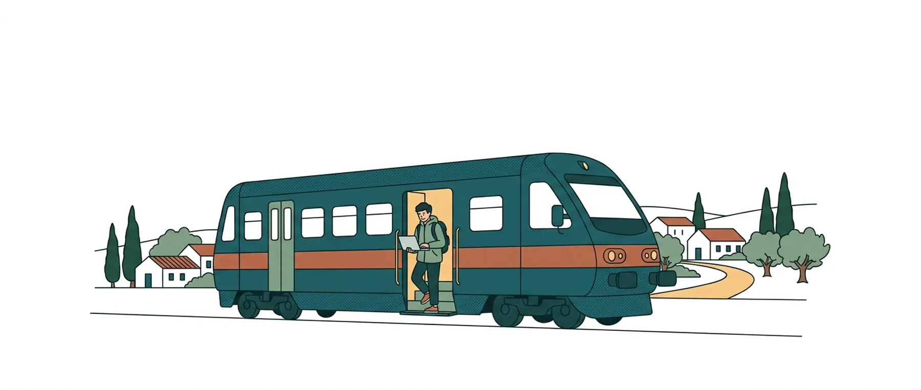 Ilustración: tren regional detenido en un apeadero, con una persona con mochila y portátil subiendo por la puerta, y colinas con casas de pueblo, cipreses y olivos al fondo