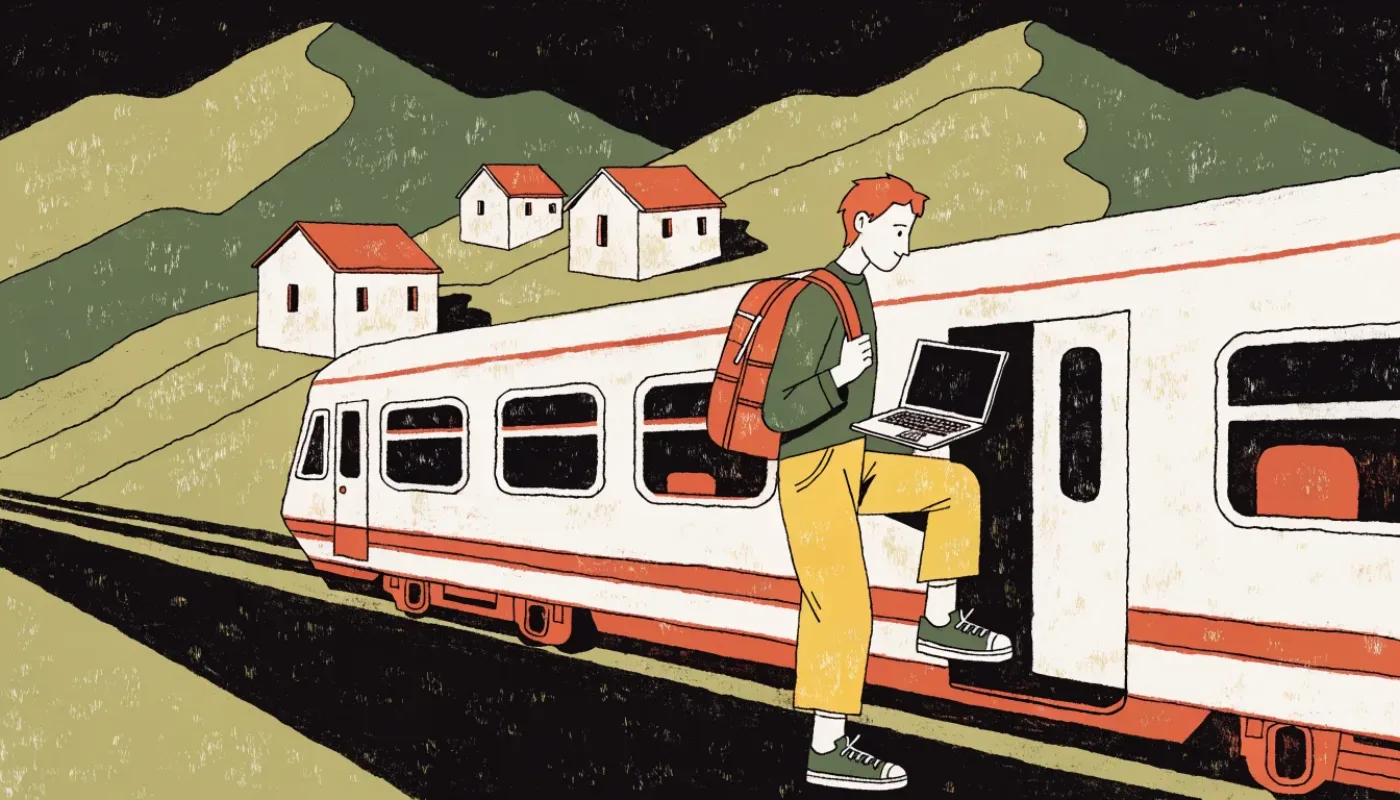 Ilustración: joven con mochila y portátil subiendo a un tren regional
