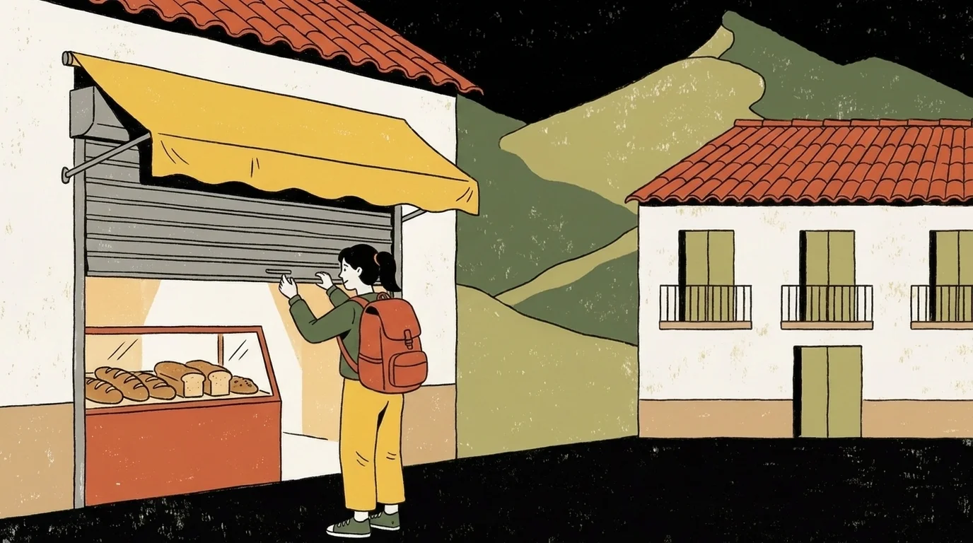 Ilustración: joven levantando la persiana de su panadería en el pueblo
