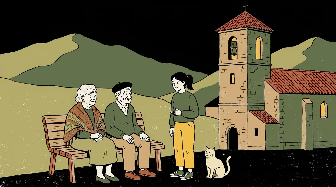 Ilustración: pareja mayor en el banco de la plaza del pueblo charlando con una vecina joven