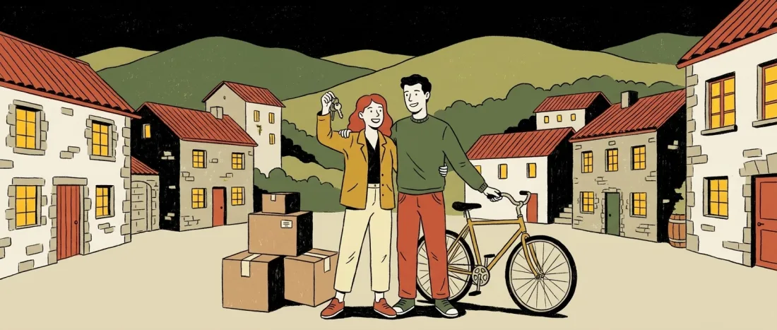 Ilustración: pareja con las llaves de su casa nueva, cajas de mudanza y una bici en la plaza del pueblo