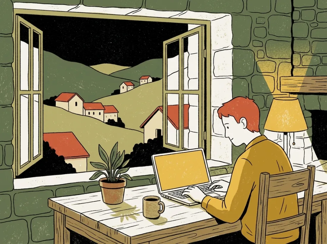 Ilustración: persona teletrabajando con el portátil junto a una ventana abierta a un pueblo